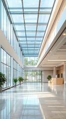 Modern interior of a bright lobby featuring glass walls, elegant design, and lush greenery, perfect for commercial or architectural visuals.