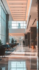 Modern interior hallway with natural light, stylish furniture, and elegant decor in a luxury building.
