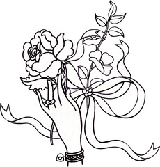 A slender hand holding a rose flower beside a bow-shaped ribbon adorned with flowers, hand-drawn watercolor illustration