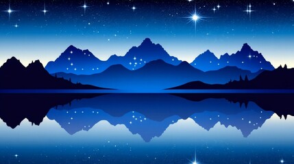 Mountain and ocean scenery under a starry sky at night. Cartoon or anime illustration style.
