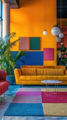Modern living room interior with colorful furniture and decor. Yellow sofa, red chair, blue wall, and patterned rug.