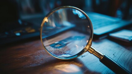Fototapeta premium A close-up of a magnifying glass on a wooden desk, symbolizing investigation, exploration, and analytical thinking.