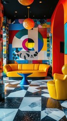 Modern living room with colorful geometric wall art, checkerboard floor, and yellow furniture.