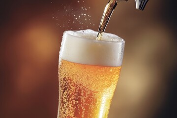 Refreshing golden beer pour with foamy head and bubbles in tall glass