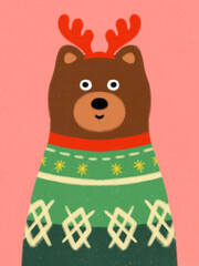 super cute Christmas icons hand-drawn adorable bear teddy character trendy simple illustrations Christmas decoration celebration ornaments stockings gifts coral pink background	