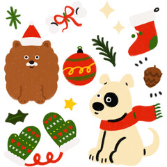 super cute dogmas Christmas icons hand-drawn adorable dog dogs puppy characters trendy simple illustrations Christmas decoration celebration ornaments stockings gifts transparent background	