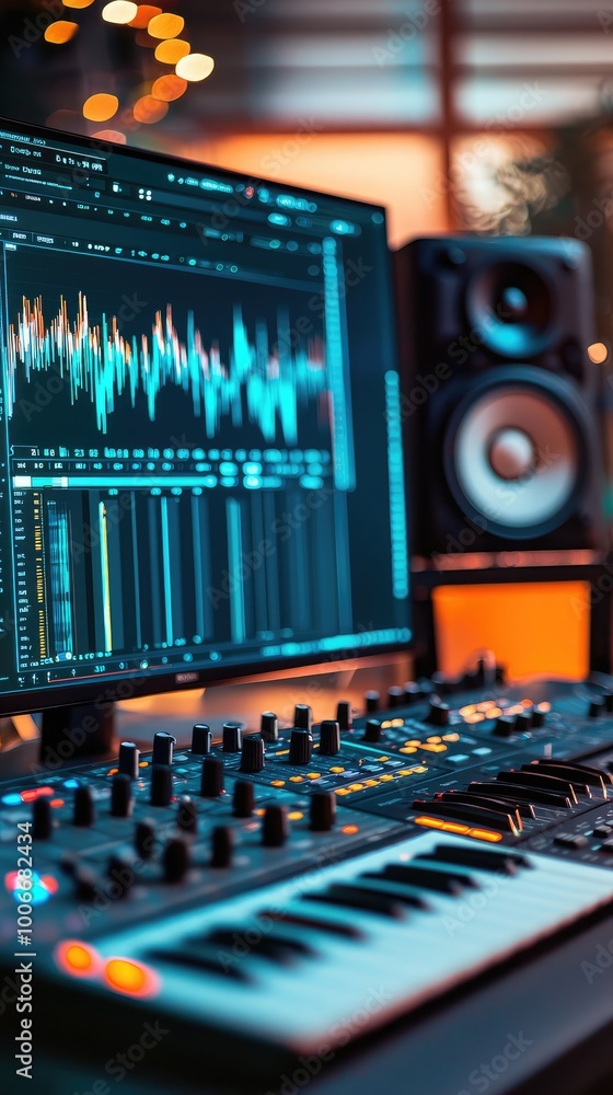 Poster modern music studio with synthesizer, audio interface and monitor displaying sound waves. ideal for 