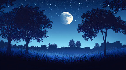 Fototapeta premium Moonlight shadows rolling serene night scene silhouettes trees grass, meadows. Rolling Meadows. Illustration