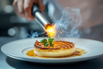 Chef caramelizing crème brûlée with blowtorch garnished with fresh mint leaves