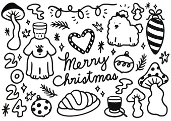 super cute dogmas Christmas icons hand-drawn adorable dog dogs puppy characters trendy simple illustration Christmas decoration celebration ornaments candy cane stars white background black outline