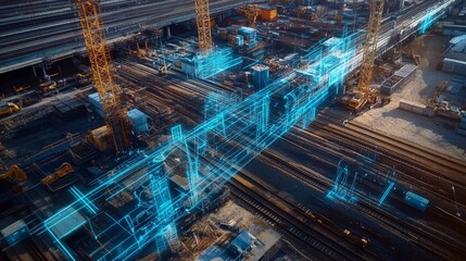 A construction area is overlaid with digital blue holograms, illustrating a futuristic and technologically advanced project.