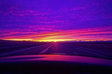 A breathtaking view of a vibrant purple and orange sunset from a car on an open road, symbolizing freedom, travel, and the beauty of nature during twilight.