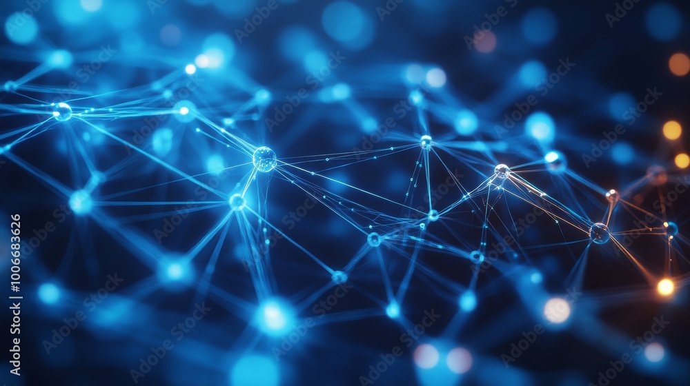 Poster A digital network visualization with intersecting lines and nodes glowing in blue, illustrating modern connections.