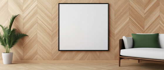 Modern living room with empty poster mockups, wooden flooring, stylish furniture, showcasing contemporary interior design aesthetics
