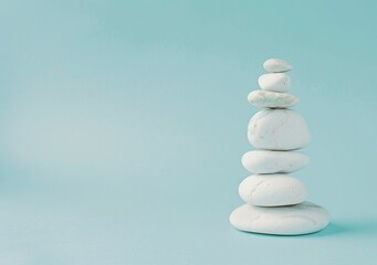 Fototapeta premium A stack of smooth white stones balanced on top of each other against a soft blue background