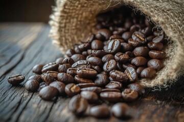 Rustic burlap sack with fresh coffee beans on wooden table - Powered by Adobe