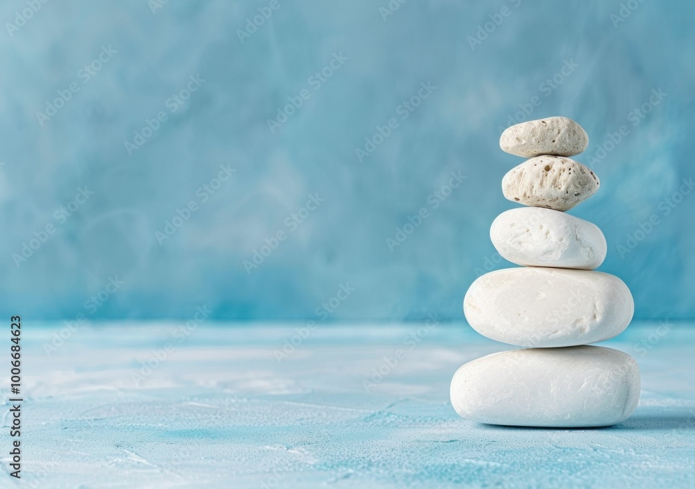 Poster a serene stack of smooth white stones balanced on a light blue surface, creating a calming and harmo