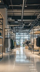 Modern retail store interior showcasing stylish clothing displays and bright, inviting atmosphere, perfect for fashion shopping.