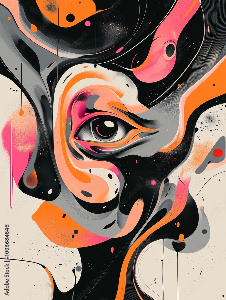 Poster this abstract artwork features a dynamic swirl of colors and shapes with an eye at the center, creat