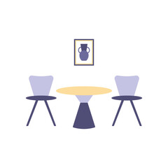 Interior flat color icon with two chairs, table and poster with jug for web design