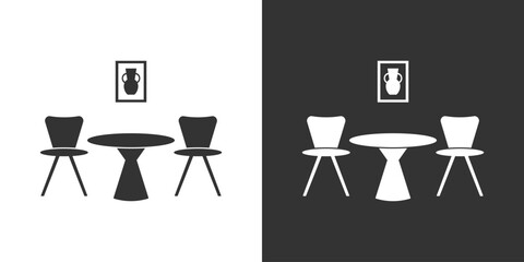 Furniture interior flat icon with chairs and table isolated on black and white background