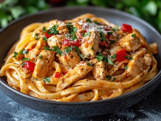 Creamy fettuccine pasta topped with seasoned chicken, fresh herbs, and diced red peppers, served in a dark bowl, Ideal for food blogs, menus, or culinary articles,
