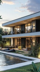 Fototapeta premium Modern villa with spacious patio, elegant pool, and lush landscaping at sunset, showcasing architectural beauty and tranquility.