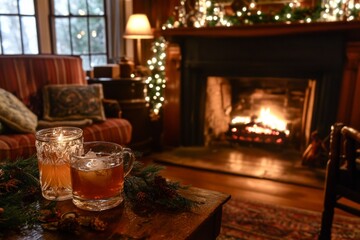 Cozy winter evening with warm drinks by the fireplace in a festive living room