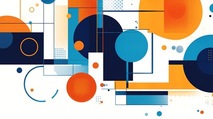 Obraz premium Abstract geometric pattern with blue, orange, and yellow shapes on white background.