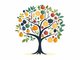 Flat Floating Sustainability Tree Illustration: Community-Shaped Fruits Representing ESG Practices and Benefits - Wide Shot of Growth and Rewards in a Smart, Simple Vector Style