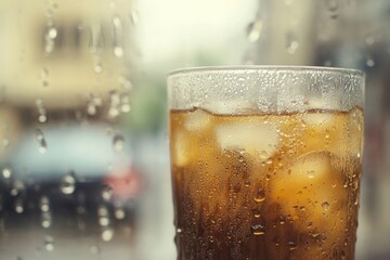 Refreshing iced drink on rainy day with city background