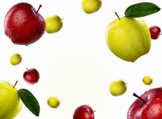 Mix of red and green apples flying in the air isolated on white background. Mix of apples sliced ​​and whole.