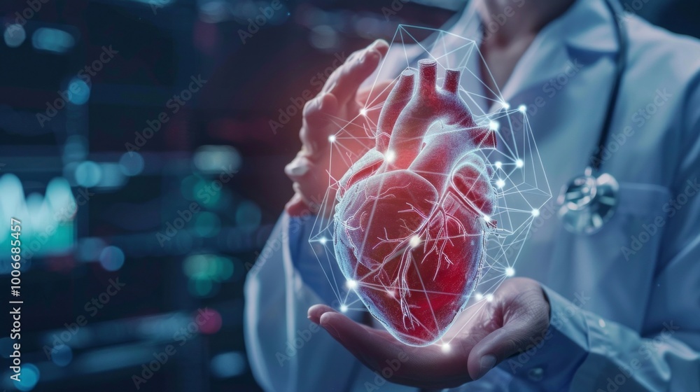 Poster a doctor holds a heart in a computer image