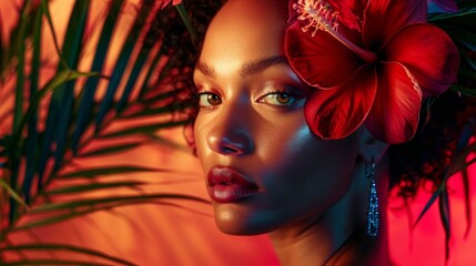 Vibrant portrait of a beautiful woman with a stunning hibiscus flower in her hair against a colorful background.