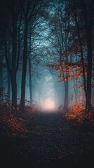 Fototapeta premium Mysterious fog envelops a tranquil forest path, illuminated by a distant light, creating an enchanting and serene atmosphere.