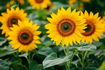 Fototapeta premium Bright sunflowers blooming in a lush green field