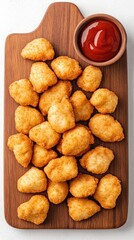 Colorful chicken nuggets served with ketchup on a rustic board, set against a serene stone backdrop with ample space for creative text or design