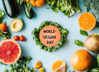 world vegan day on a round sticker, surrounded by fruits and vegetables, light blue background