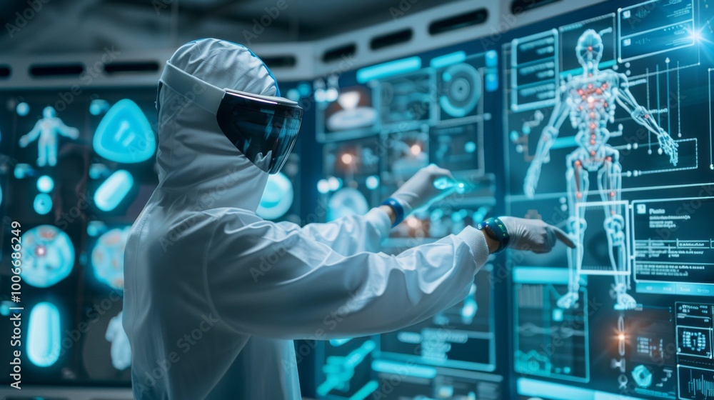 Poster A man in a white lab coat is working on a computer monitor displaying a 3D image