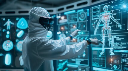 A man in a white lab coat is working on a computer monitor displaying a 3D image