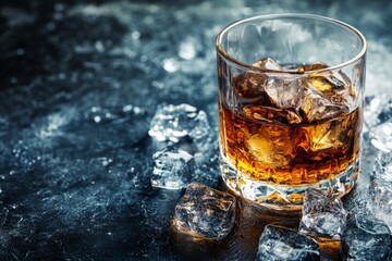 Refreshing whiskey on ice with scattered ice cubes on dark background