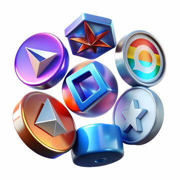 Holographic Political Party Logos Concept: Medium Shot of Rotating, Glowing Logos in Party Colors on Clean White Background for Photo Stock