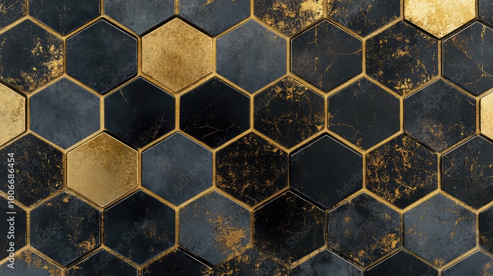 Poster a repeating pattern of hexagons in alternating shades of black and gold, creating a modern, luxuriou