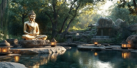 gold buddha meditating in yoga zen green bamboo garden surrounding with tiny indian traditional lamps near natural pool