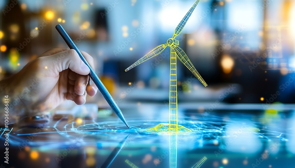 Poster engineer sketching 3d wind turbine model with stylus