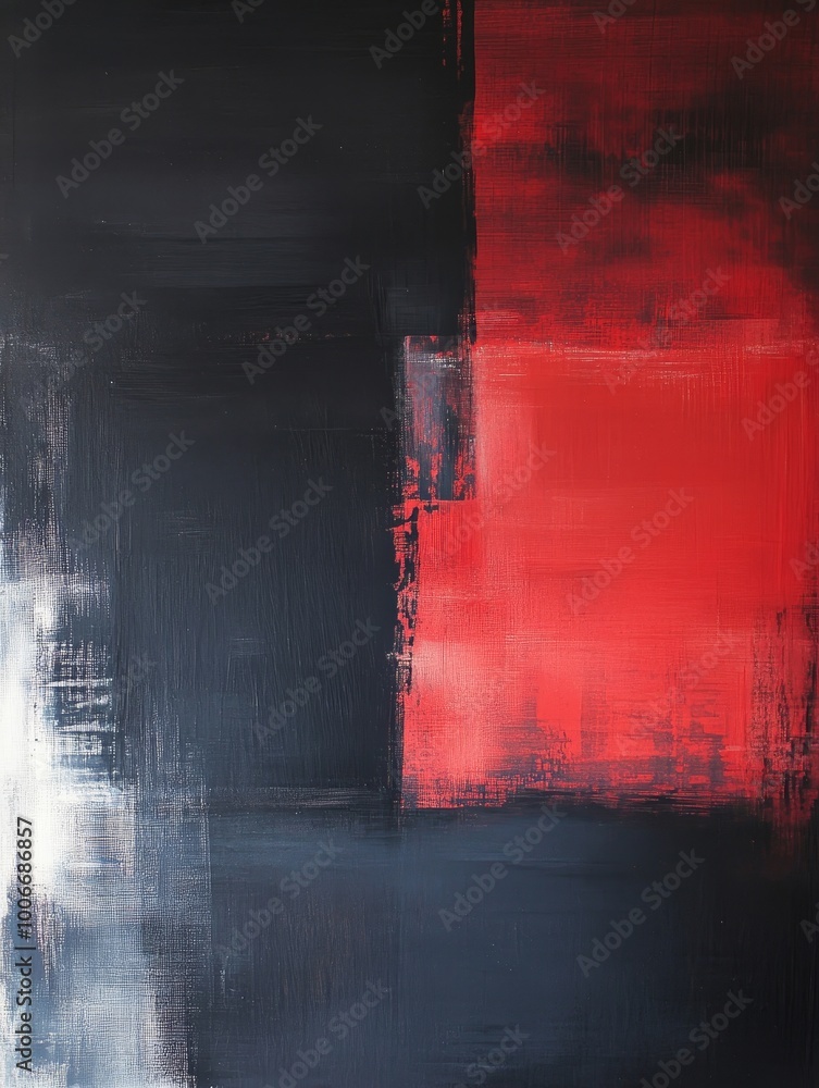 Poster a dynamic abstract painting featuring bold red and black squares, evoking a sense of depth and movem