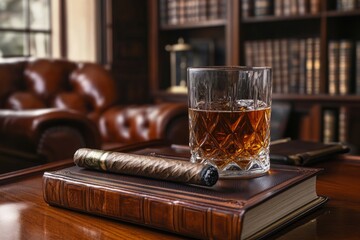 Luxurious cigar and whisky setting in vintage library ambiance