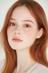 Obraz premium Natural Beauty Portrait of a Woman with Freckles and Soft Expression