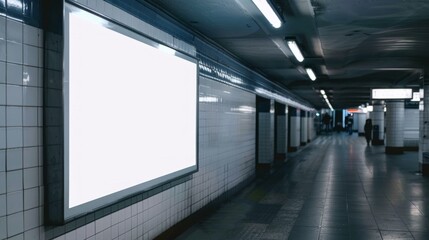 A white sign is on a wall in a subway station