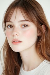 Naklejka premium Natural Beauty Portrait of a Woman with Freckles and Soft Expression